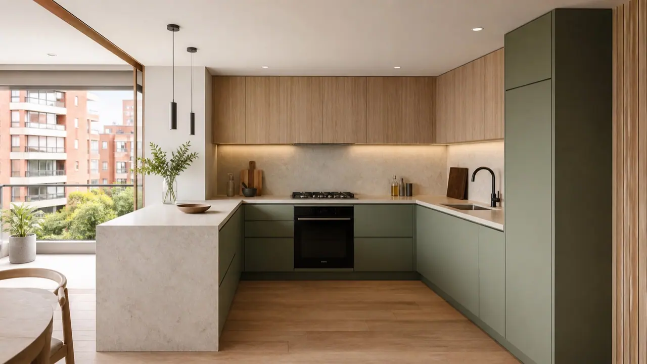 Referencia visual de cocina integral en madera y verde salvia