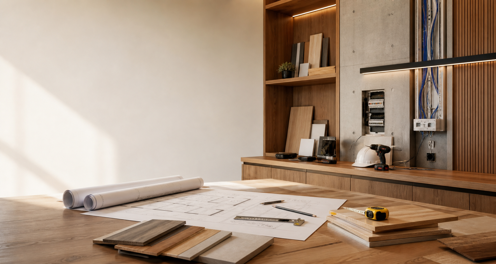 Espacio profesional con madera, planos, herramientas y componentes técnicos