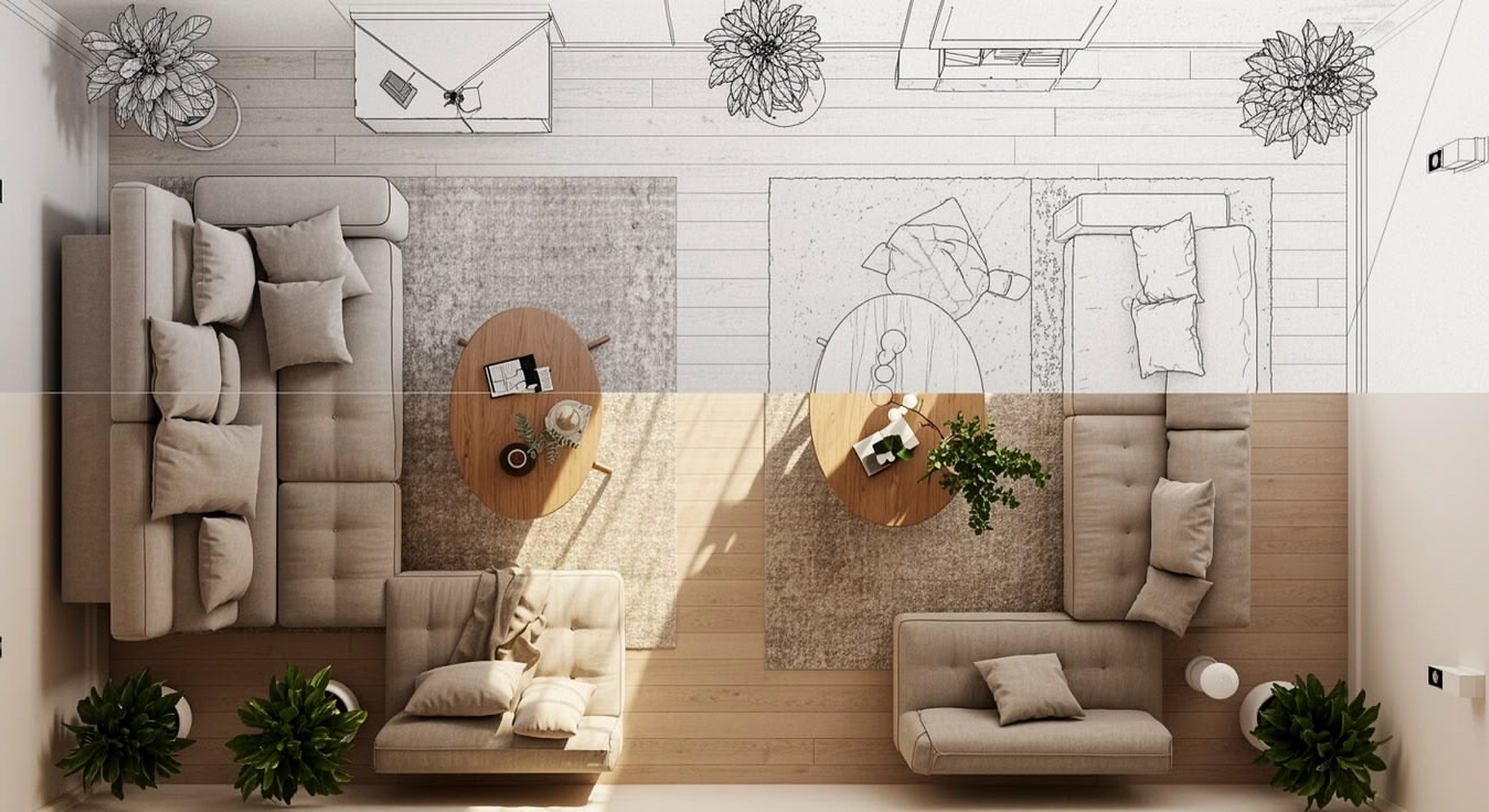 Vista superior de sala con mobiliario, madera y plano de diseño interior